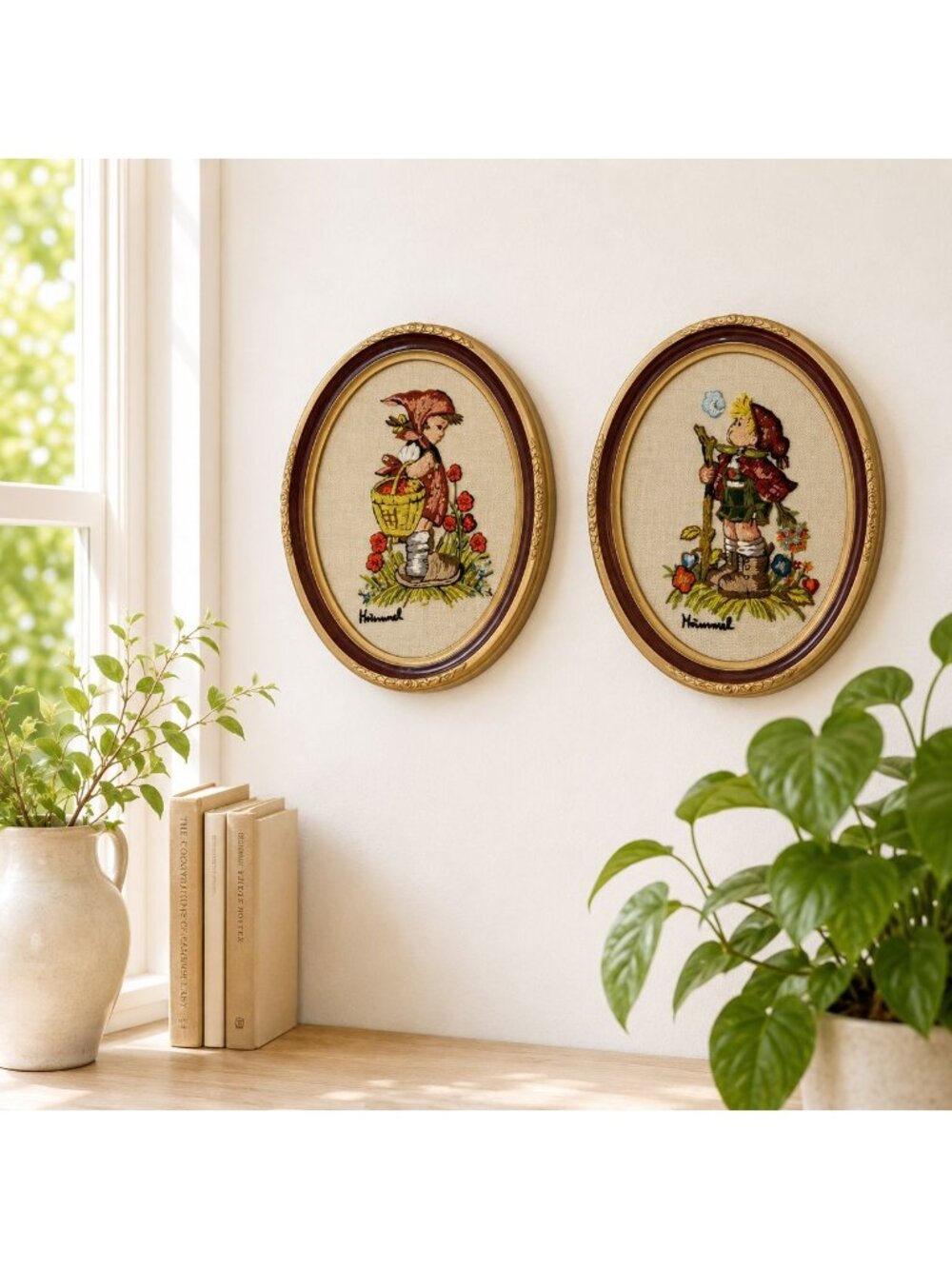 Vintage Hummel Embroidered Needlepoint Wall Art Set Oval Frames Boy & Girl Flora